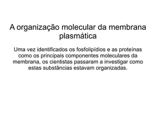 A organização molecular da membrana
plasmática
Uma vez identificados os fosfolipídios e as proteínas
como os principais componentes moleculares da
membrana, os cientistas passaram a investigar como
estas substâncias estavam organizadas.
 