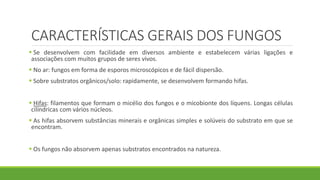 CARACTERÍSTICAS GERAIS DOS FUNGOS
 Se desenvolvem com facilidade em diversos ambiente e estabelecem várias ligações e
associações com muitos grupos de seres vivos.
 No ar: fungos em forma de esporos microscópicos e de fácil dispersão.
 Sobre substratos orgânicos/solo: rapidamente, se desenvolvem formando hifas.
 Hifas: filamentos que formam o micélio dos fungos e o micobionte dos líquens. Longas células
cilíndricas com vários núcleos.
 As hifas absorvem substâncias minerais e orgânicas simples e solúveis do substrato em que se
encontram.
 Os fungos não absorvem apenas substratos encontrados na natureza.
 