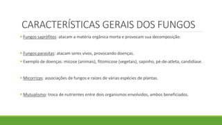 CARACTERÍSTICAS GERAIS DOS FUNGOS
 Fungos saprófitos: atacam a matéria orgânica morta e provocam sua decomposição.
 Fungos parasitas: atacam seres vivos, provocando doenças.
 Exemplo de doenças: micose (animais), fitomicose (vegetais), sapinho, pé-de-atleta, candidíase.
 Micorrizas: associações de fungos e raízes de várias espécies de plantas.
 Mutualismo: troca de nutrientes entre dois organismos envolvidos, ambos beneficiados.
 