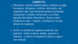 LEMBRETES
o Ribossomo, retículo endoplasmático, complexo de golgi,
lisossomos, cloroplasto, centríolo, mitocôndria são
organóides que respectivamente produzem proteínas,
transportam e circulam, armazenam e secretam,
digestão intracelular, fotossíntese, divisão celular/
produção de cílios – flagelos e produção de energia
através da respiração.
o Dentre as substâncias orgânicas podemos citar
proteínas, ácidos nuclêicos, lipídios, açúcares e
vitaminas , e dentre as inorgânicas apenas a água e
sais minerais.
 