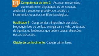 Competência de área 3 – Associar intervenções
que resultam em degradação ou conservação
ambiental a processos produtivos e sociais e a
instrumentos ou ações científico-tecnológicas.
Habilidade 9 - Compreender a importância dos ciclos
biogeoquímicos ou do fluxo energia para a vida, ou da ação
de agentes ou fenômenos que podem causar alterações
nesses processos.
Objeto do conhecimento: Cadeias alimentares.
 