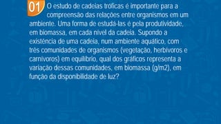O estudo de cadeias tróficas é importante para a
compreensão das relações entre organismos em um
ambiente. Uma forma de estudá-las é pela produtividade,
em biomassa, em cada nível da cadeia. Supondo a
existência de uma cadeia, num ambiente aquático, com
três comunidades de organismos (vegetação, herbívoros e
carnívoros) em equilíbrio, qual dos gráficos representa a
variação dessas comunidades, em biomassa (g/m2), em
função da disponibilidade de luz?
 