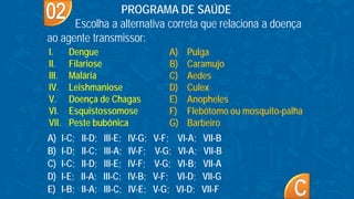A) I-C; II-D; III-E; IV-G; V-F; VI-A; VII-B
B) I-D; II-C; III-A; IV-F; V-G; VI-A; VII-B
C) I-C; II-D; III-E; IV-F; V-G; VI-B; VII-A
D) I-E; II-A; III-C; IV-B; V-F; VI-D; VII-G
E) I-B; II-A; III-C; IV-E; V-G; VI-D; VII-F
PROGRAMA DE SAÚDE
Escolha a alternativa correta que relaciona a doença
ao agente transmissor:
I. Dengue
II. Filariose
III. Malária
IV. Leishmaniose
V. Doença de Chagas
VI. Esquistossomose
VII. Peste bubônica
A) Pulga
B) Caramujo
C) Aedes
D) Culex
E) Anopheles
F) Flebótomo ou mosquito-palha
G) Barbeiro
 
