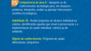 Competência de área 8 – Apropriar-se de
conhecimentos da biologia para, em situações
problema, interpretar, avaliar ou planejar intervenções
científico-tecnológicas.
Habilidade 30 - Avaliar propostas de alcance individual ou
coletivo, identificando aquelas que visam à preservação e a
implementação da saúde individual, coletiva ou do
ambiente.
Objeto do conhecimento: Programa de saúde,
alimentação, bioquímica
 