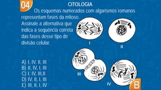 A) I, IV, II, III
B) II, IV, I, III
C) I, IV, III,II
D) IV, II, I, III
E) III, II, I, IV
CITOLOGIA
Os esquemas numerados com algarismos romanos
representam fases da mitose.
Assinale a alternativa que
indica a sequência correta
das fases desse tipo de
divisão celular.
 