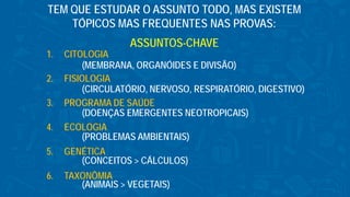 TEM QUE ESTUDAR O ASSUNTO TODO, MAS EXISTEM
TÓPICOS MAS FREQUENTES NAS PROVAS:
ASSUNTOS-CHAVE
1. CITOLOGIA
2. FISIOLOGIA
3. PROGRAMA DE SAÚDE
4. ECOLOGIA
5. GENÉTICA
6. TAXONÔMIA
(MEMBRANA, ORGANÓIDES E DIVISÃO)
(CIRCULATÓRIO, NERVOSO, RESPIRATÓRIO, DIGESTIVO)
(DOENÇAS EMERGENTES NEOTROPICAIS)
(PROBLEMAS AMBIENTAIS)
(CONCEITOS > CÁLCULOS)
(ANIMAIS > VEGETAIS)
 