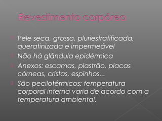  Pele seca, grossa, pluriestratificada,
queratinizada e impermeável
 Não há glândula epidérmica
 Anexos: escamas, plastrão, placas
córneas, cristas, espinhos...
 São pecilotérmicos: temperatura
corporal interna varia de acordo com a
temperatura ambiental.
 