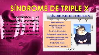 La superhembra es
una neuploidia cromosómic
a o cambio numérico de
los cromosomas que se
presenta en mujeres que
poseen un cromosoma
X extra.
 