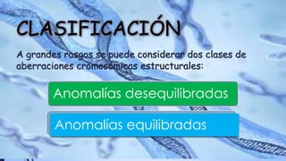 CLASIFICACIÓN
A grandes rasgos se puede considerar dos clases de
aberraciones cromosómicas estructurales:
Anomalías desequilibradas
Anomalías equilibradas
 