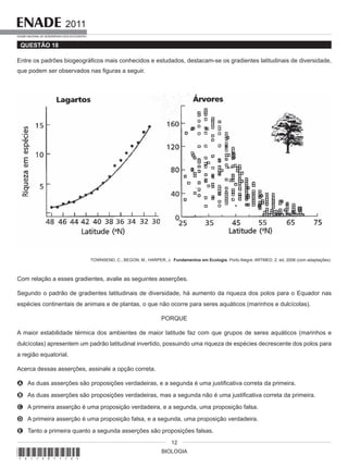 BIOLOGIA
2011
EXAME NACIONAL DE DESEMPENHO DOS ESTUDANTES
12
QUESTÃO 18
Entre os padrões biogeográficos mais conhecidos e estudados, destacam-se os gradientes latitudinais de diversidade,
que podem ser observados nas figuras a seguir.
TOWNSEND, C., BEGON, M., HARPER, J. Fundamentos em Ecologia. Porto Alegre: ARTMED, 2. ed, 2006 (com adaptações).
Com relação a esses gradientes, avalie as seguintes asserções.
Segundo o padrão de gradientes latitudinais de diversidade, há aumento da riqueza dos polos para o Equador nas
espécies continentais de animais e de plantas, o que não ocorre para seres aquáticos (marinhos e dulcícolas).
PORQUE
A maior estabilidade térmica dos ambientes de maior latitude faz com que grupos de seres aquáticos (marinhos e
dulcícolas) apresentem um padrão latitudinal invertido, possuindo uma riqueza de espécies decrescente dos polos para
a região equatorial.
Acerca dessas asserções, assinale a opção correta.
A As duas asserções são proposições verdadeiras, e a segunda é uma justificativa correta da primeira.
B As duas asserções são proposições verdadeiras, mas a segunda não é uma justificativa correta da primeira.
C A primeira asserção é uma proposição verdadeira, e a segunda, uma proposição falsa.
D A primeira asserção é uma proposição falsa, e a segunda, uma proposição verdadeira.
E Tanto a primeira quanto a segunda asserções são proposições falsas.
*A11201112*
 