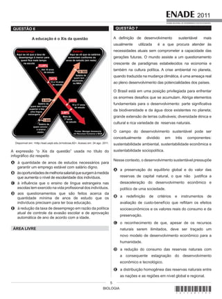 BIOLOGIA
2011
EXAME NACIONAL DE DESEMPENHO DOS ESTUDANTES
5
QUESTÃO 6
A educação é o Xis da questão
Desemprego
Aqui se vê que a taxa de
desemprego é menor para
quem fica mais tempo
na escola
13,05%
3,83%
2,66%
Até 10 anos
de estudo
Salário
Aqui se vê que os salários
aumentam conforme os
anos de estudo (em reais)
18 500
8 600
1 800
Salário de
quem tem
doutorado
ou MBA
Salário de
quem tem curso
superior e fala
uma língua
estrangeira
Salário de
quem conclui
o ensino
médio
7,91%
12 a 14 anos
de estudo
15 a 17 anos
de estudo
Mais de
17 anos
de estudo
Fontes: Manager Assessoria
em Recursos Humanos e IBGE
Disponível em: <http://ead.uepb.edu.br/noticias,82>. Acesso em: 24 ago. 2011.
A expressão “o Xis da questão” usada no título do
infográfico diz respeito
A à quantidade de anos de estudos necessários para
garantir um emprego estável com salário digno.
B àsoportunidadesdemelhoriasalarialquesurgemàmedida
que aumenta o nível de escolaridade dos indivíduos.
C à influência que o ensino de língua estrangeira nas
escolas tem exercido na vida profissional dos indivíduos.
D aos questionamentos que são feitos acerca da
quantidade mínima de anos de estudo que os
indivíduos precisam para ter boa educação.
E à redução da taxa de desemprego em razão da política
atual de controle da evasão escolar e de aprovação
automática de ano de acordo com a idade.
ÁREA LIVRE
QUESTÃO 7
A definição de desenvolvimento sustentável mais
usualmente utilizada é a que procura atender às
necessidades atuais sem comprometer a capacidade das
gerações futuras. O mundo assiste a um questionamento
crescente de paradigmas estabelecidos na economia e
também na cultura política. A crise ambiental no planeta,
quando traduzida na mudança climática, é uma ameaça real
ao pleno desenvolvimento das potencialidades dos países.
O Brasil está em uma posição privilegiada para enfrentar
os enormes desafios que se acumulam. Abriga elementos
fundamentais para o desenvolvimento: parte significativa
da biodiversidade e da água doce existentes no planeta;
grande extensão de terras cultiváveis; diversidade étnica e
cultural e rica variedade de reservas naturais.
O campo do desenvolvimento sustentável pode ser
conceitualmente dividido em três componentes:
sustentabilidade ambiental, sustentabilidade econômica e
sustentabilidade sociopolítica.
Nesse contexto, o desenvolvimento sustentável pressupõe
A a preservação do equilíbrio global e do valor das
reservas de capital natural, o que não justifica a
desaceleração do desenvolvimento econômico e
político de uma sociedade.
B a redefinição de critérios e instrumentos de
avaliação de custo-benefício que reflitam os efeitos
socioeconômicos e os valores reais do consumo e da
preservação.
C o reconhecimento de que, apesar de os recursos
naturais serem ilimitados, deve ser traçado um
novo modelo de desenvolvimento econômico para a
humanidade.
D a redução do consumo das reservas naturais com
a consequente estagnação do desenvolvimento
econômico e tecnológico.
E a distribuição homogênea das reservas naturais entre
as nações e as regiões em nível global e regional.
*A1120115*
 