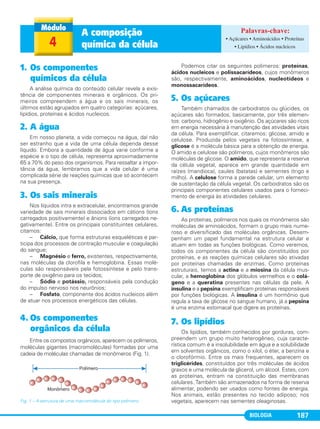 BIOLOGIA 187
1. Os componentes
químicos da célula
A análise química do conteúdo celular revela a exis-
tência de componentes minerais e orgânicos. Os pri-
meiros compreendem a água e os sais minerais, os
últimos estão agrupados em quatro categorias: açúcares,
lipídios, proteínas e ácidos nucleicos.
2. A água
Em nosso planeta, a vida começou na água, daí não
ser estranho que a vida de uma célula dependa desse
líquido. Embora a quantidade de água varie conforme a
espécie e o tipo de célula, representa aproximadamente
65 a 70% do peso dos organismos. Para ressaltar a impor-
tância da água, lembramos que a vida celular é uma
complicada série de reações químicas que só acontecem
na sua presença.
3. Os sais minerais
Nos líquidos intra e extracelular, encontramos grande
variedade de sais minerais dissociados em cátions (íons
carregados positivamente) e ânions (íons carregados ne-
gativamente). Entre os principais constituintes celulares,
citamos:
– Cálcio, que forma estruturas esqueléticas e par-
ticipa dos processos de contração muscular e coagulação
do sangue;
– Magnésio e ferro, existentes, respectivamente,
nas moléculas da clorofila e hemoglobina. Essas molé-
culas são responsáveis pela fotossíntese e pelo trans-
porte de oxigênio para os tecidos;
– Sódio e potássio, responsáveis pela condução
do impulso nervoso nos neurônios;
– Fosfato, componente dos ácidos nucleicos além
de atuar nos processos energéticos das células.
4. Os componentes
orgânicos da célula
Entre os compostos orgânicos, aparecem os polímeros,
moléculas gigantes (macromoléculas) formadas por uma
cadeia de moléculas chamadas de monômeros (Fig. 1).
Fig. 1 – A estrutura de uma macromolécula do tipo polímero.
Podemos citar os seguintes polímeros: proteínas,
ácidos nucleicos e polissacarídeos, cujos monômeros
são, respectivamente, aminoácidos, nucleotídeos e
monossacarídeos.
5. Os açúcares
Também chamados de carboidratos ou glúcides, os
açúcares são formados, basicamente, por três elemen-
tos: carbono, hidrogênio e oxigênio. Os açúcares são ricos
em energia necessária à manutenção das atividades vitais
da célula. Para exemplificar, citaremos: glicose, amido e
celulose. Produzida pelos vegetais na fotossíntese, a
glicose é a molécula básica para a obtenção de energia.
O amido e celulose são polímeros, cujos monômeros são
moléculas de glicose. O amido, que representa a reserva
da célula vegetal, aparece em grande quantidade em
raízes (mandioca), caules (batatas) e sementes (trigo e
milho). A celulose forma a parede celular, um elemento
de sustentação da célula vegetal. Os carboidratos são os
principais componentes celulares usados para o forneci-
mento de energia às atividades celulares.
6. As proteínas
As proteínas, polímeros nos quais os monômeros são
moléculas de aminoácidos, formam o grupo mais nume-
roso e diversificado das moléculas orgânicas. Desem-
penham um papel fundamental na estrutura celular e
atuam em todas as funções biológicas. Como veremos,
todos os componentes da célula são constituídos por
proteínas, e as reações químicas celulares são ativadas
por proteínas chamadas de enzimas. Como proteínas
estruturais, temos a actina e a miosina da célula mus-
cular, a hemoglobina dos glóbulos vermelhos e o colá-
geno e a queratina presentes nas células da pele. A
insulina e a pepsina exemplificam proteínas responsáveis
por funções biológicas. A insulina é um hormônio que
regula a taxa de glicose no sangue humano, já a pepsina
é uma enzima estomacal que digere as proteínas.
7. Os lipídios
Os lipídios, também conhecidos por gorduras, com-
preendem um grupo muito heterogêneo, cuja caracte-
rística comum é a insolubilidade em água e a solubilidade
em solventes orgânicos, como o xilol, o éter, a benzina e
o clorofórmio. Entre os mais frequentes, aparecem os
triglicérides, constituídos por três moléculas de ácidos
graxos e uma molécula de glicerol, um álcool. Estes, com
as proteínas, entram na constituição das membranas
celulares. Também são armazenados na forma de reserva
alimentar, podendo ser usados como fontes de energia.
Nos animais, estão presentes no tecido adiposo; nos
vegetais, aparecem nas sementes oleaginosas.
4
A composição
química da célula
• Açúcares • Aminoácidos • Proteínas
• Lipídios • Ácidos nucleicos
C1_1A_Biologia_2013_Keli 10/09/12 12:28 Page 187
 