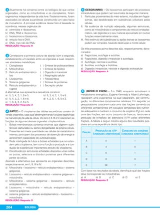 BIOLOGIA204
ᕢAtualmente há consenso entre os biólogos de que certos
organoides, como as mitocôndrias e os cloroplastos, foram
organismos independentes de vida livre. Posteriormente, foram
associados às células eucarióticas constituindo um caso típico
de mutualismo. A principal evidência desse fato é baseada na
ocorrência, nesses orgânulos de
a) centríolos e ribossomos.
b) DNA, RNA e ribossomos.
c) lisossomos e ribossomos.
d) retículo liso e DNA.
e) DNA, mas não de RNA,
ᕣCorrelacione a primeira coluna de acordo com a segunda,
estabelecendo um paralelo entre as organelas e suas respecti-
vas atividades metabólicas.
1. Cloroplastos ( ) Síntese de polissacarídeos
2. Mitocôndrias ( ) Síntese de lipídios
3. Retículo endoplasmático ( ) Digestão intracelular
liso ( ) Respiração celular
4. Lisossomos ( ) Fotossíntese
5. Sistema golgiense ( ) Síntese de proteínas
6. Retículo endoplasmático ( ) Secreção celular
rugoso
A alternativa que apresenta a sequência correta é:
a) 5, 3, 4, 2, 1, 6 e 5. b) 5, 3, 4, 2, 1, 5 e 6.
c) 5, 4, 3, 2, 1, 6 e 5. d) 4, 2, 5, 1, 6, 5 e 3.
e) 1, 6, 4, 3, 2, 6 e 5.
ᕤ(FATEC) – O citoplasma das células eucarióticas contém di-
versas organelas, cada qual desempenhando funções específicas
na manutenção da vida da célula. Os itens I, II, III e IV relacionam as
funções de algumas dessas organelas citoplasmáticas.
I. Bolsas membranosas contendo enzimas que digerem subs-
tâncias capturadas ou partes desgastadas da própria célula.
II. Presentes em maior quantidade nas células de metabolismo
intenso, participam dos processos de obtenção de energia e
apresentam capacidade de autoduplicação.
III. Rede interligada de tubos e bolsas achatadas que se esten-
dem pelo citoplasma; tem como função a produção e a con-
dução de substâncias importantes através do citoplasma.
IV. Constituído por estruturas achatadas dispostas umas sobre
as outras, seleciona e distribui proteínas para diferentes
partes da célula.
Assinale a alternativa que apresenta as organelas descritas,
respectivamente, em I, II, III e IV.
a) Mitocôndria – lisossomo – retículo endoplasmático – sistema
golgiense.
b) Lisossomo – retículo endoplasmático – sistema golgiense –
mitocôndria.
c) Mitocôndria – sistema golgiense – lisossomo – retículo
endoplasmático.
d) Lisossomo – mitocôndria – retículo endoplasmático –
sistema golgiense.
e) sistema golgiense – retículo endoplasmático – lisossomo –
mitocôndria.
ᕥ(CESGRANRIO) – Os lisossomos participam de processos
intracelulares que podem ser resumidos da seguinte maneira:
I. Partículas provenientes do meio externo, incluídas em fagos-
somas, são desdobradas em substâncias utilizáveis pelas
células.
II. Na ausência de nutrição adequada, algumas estruturas,
como as mitocôndrias e componentes do retículo endoplas-
mático, são digeridas e o seu material aproveitado em outras
funções essencialmente vitais.
III. Pelo estímulo de substâncias ou ações lesivas os lisossomos
podem ser rompidos, havendo destruição e morte celular.
Os três processos acima descritos são, respectivamente, deno-
minados:
a) Fagocitose, autofagia e autólise.
b) Fagocitose, digestão intracelular e autofagia.
c) Autofagia, necrose e autólise.
d) Autólise, autofagia e hidrólise.
e) Digestão intracelular, necrose e digestão extracelular.
ᕦ (MODELO ENEM) – Em 1949, enquanto estudavam o
metabolismo energético, Eugene Kennedy e Albert Lehninger,
realizaram uma experiência na qual separaram, por centrifu-
gação, os diferentes componentes celulares. Em seguida, os
pesquisadores colocaram cada uma das frações contendo os
diferentes componentes em soluções compostas dos nutrien-
tes adequados e mediram o consumo de oxigênio (O2) em cada
uma das frações, em outro conjunto de frascos, testou-se a
produção de trifosfato de adenosina (ATP) pelas diferentes
frações. A tabela a seguir mostra alguns dos resultados pos-
síveis em uma experiência deste tipo.
Com base nos resultados da tabela, identifique qual das frações
deve corresponder às mitocôndrias.
a) A b) B c) C d) D e) E
RESOLUÇÃO: Resposta: B
RESOLUÇÃO: Resposta: A
RESOLUÇÃO: Resposta: A
RESOLUÇÃO: Resposta: D
RESOLUÇÃO: Resposta: E
FRAÇÃO
PRODUÇÃO DE ATP
(UNIDADES ARBITRÁRIAS)
CONSUMO DE OXIGÊNIO
(UNIDADES ARBITRÁRIAS)
A 0 1
B 4 0
C 6 1
D 8 0
E 38 7
C1_1A_Biologia_2013_Keli 10/09/12 12:28 Page 204
 