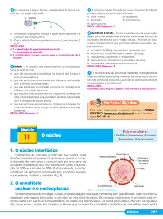 BIOLOGIA 207
ᕣNo esquema a seguir, temos, representado de forma sim-
plificada, um espermatozoide.
a) Analisando o esquema, indique o papel do componente 1 e
a origem do componente 3.
b) Qual a relação funcional existente entre os componentes 2
e 3?
ᕤ(UNIP) – A respeito dos peroxissomos ou microcorpos,
torna-se lícito afirmar
a) que são estruturas encontradas na maioria dos fungos e
ricas em peroxidases.
b) que são estruturas encontradas em plantas e relacionadas
com a síntese de carotenoides.
c) que são partículas encontradas somente no citoplasma de
células com função secretora.
d) que são partículas encontradas no citoplasma, limitadas por
uma dupla membrana, e que contêm enzimas relacionadas
com a oxidação de ácidos graxos.
e) que são partículas encontradas no citoplasma, limitadas por
uma membrana única, e que contêm catalase e enzimas
oxidativas.
ᕥA estrutura celular formada por nove conjuntos de túbulos
proteicos dispostos em círculo chama-se
a) fibra motora. b) lisossomo.
c) centríolo. d) cromonema.
e) cromossomo.
ᕦ(MODELO ENEM) – Produzir substâncias de exportação,
digerir partículas englobadas e inativar substâncias tóxicas são
atividades essenciais para muitas células. Assinale os orga-
noides citoplasmáticos que participam dessas atividades, res-
pectivamente:
a) complexo de Golgi, lisossomos e peroxissomos.
b) lisossomos, mitocôndrias e complexo de Golgi.
c) ribossomos, lisossomos e mitocôndria.
d) peroxissomos, ribossomos e complexo de Golgi.
e) mitocôndria, peroxissomos e lisossomos.
ᕧOs microtúbulos são estruturas presentes no citoplasma de
todas as células eucariontes, entrando na constituição de uma
série de estruturas celulares. Quais são as estruturas celulares
formadas pelos microtúbulos?
RESOLUÇÃO:
a) 1 – penetração do espermatozoide no óvulo.
3 – é originado do centríolo.
b) 2 (mitocôndria) fornece energia para a movimentação de 3
(flagelo).
RESOLUÇÃO: Resposta: A
RESOLUÇÃO: Resposta: C
RESOLUÇÃO: Resposta: E
RESOLUÇÃO:
Centríolos, cílios, flagelos, ásteres, fuso mitótico e citoesqueleto.
11 O núcleo • Nucléolo • Cromossomos • Cromatina
• Eucromatina • Heterocromatina
1. O núcleo interfásico
Chamamos de interfase o intervalo que separa duas
divisões celulares sucessivas. Durante esse período, o núcleo
é chamado de interfásico e caracterizado por uma série de
atividades metabólicas que nele acontecem, como a duplica-
ção do DNA e a síntese de RNA. Estruturalmente, o núcleo
interfásico se apresenta constituído por: envoltório nuclear,
nucleoplasma, nucléolo e cromatina (Fig. 1).
2. O envoltório
nuclear e o nucleoplasma
Também chamado de envelope nuclear, é constituído por uma dupla membrana com duas lâminas: externa e interna,
separadas pelo espaço perinuclear e providas de uma série de poros. De natureza lipoproteica, o envoltório está em
continuidade com o retículo endoplasmático, do qual é uma diferenciação. Os poros do envoltório intervêm na regulação
das trocas entre o núcleo e o citoplasma. Assim, quanto maior for a atividade metabólica de uma célula, maior será a
Fig. 1 – O núcleo interfásico.
Para saber mais sobre o assunto, acesse o PORTAL
OBJETIVO (www.portal.objetivo.br) e, em “localizar”,
digite BIO1M110
No Portal Objetivo
C1_1A_Biologia_2013_Keli 10/09/12 12:28 Page 207
 