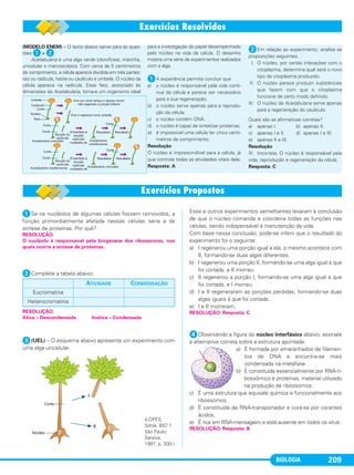BIOLOGIA 209
ᕡSe os nucléolos de algumas células fossem removidos, a
função primordialmente afetada nessas células seria a da
síntese de proteínas. Por quê?
ᕢComplete a tabela abaixo:
ᕣ(UEL) – O esquema abaixo apresenta um experimento com
uma alga unicelular.
(LOPES,
Sônia. BIO 1.
São Paulo:
Saraiva,
1997, p. 200.)
Esse e outros experimentos semelhantes levaram à conclusão
de que o núcleo comanda e coordena todas as funções nas
células, sendo indispensável à manutenção da vida.
Com base nessa conclusão, pode-se inferir que o resultado do
experimento foi o seguinte:
a) I regenerou uma porção igual a ela, o mesmo acontece com
II, formando-se duas algas diferentes.
b) I regenerou uma porção II, formando-se uma alga igual à que
foi cortada, e II morreu.
c) II regenerou a porção I, formando-se uma alga igual à que
foi cortada, e I morreu.
d) I e II regeneraram as porções perdidas, formando-se duas
algas iguais à que foi cortada.
e) I e II morreram.
ᕤObservando a figura do núcleo interfásico abaixo, assinale
a alternativa correta sobre a estrutura apontada:
a) É formada por emaranhados de filamen-
tos de DNA e encontra-se mais
condensada na metáfase.
b) É constituída essencialmente por RNA-ri-
bossômico e proteínas, material utilizado
na produção de ribossomos.
c) É uma estrutura que equivale química e funcionalmente aos
ribossomos.
d) É constituída de RNA-transportador e cora-se por corantes
ácidos.
e) É rica em RNA-mensageiro e está ausente em todos os vírus.
RESOLUÇÃO: Resposta: B
RESOLUÇÃO: Resposta: CRESOLUÇÃO:
Ativa – Descondensada Inativa – Condensada
RESOLUÇÃO:
O nucléolo é responsável pela biogênese dos ribossomos, nos
quais ocorre a síntese de proteínas.
ATIVIDADE CONDENSAÇÃO
Eucromatina
Heterocromatina
(MODELO ENEM) – O texto abaixo serve para as ques-
tões ᕡ e ᕢ.
Acetabularia é uma alga verde (clorofícea), marinha,
unicelular e macroscópica. Com cerca de 5 centímetros
de comprimento, a célula aparece dividida em três partes:
raiz ou radícula, haste ou caulículo e umbela. O núcleo da
célula aparece na radícula. Esse fato, associado às
dimensões da Acetabularia, torna-a um organismo ideal
para a investigação do papel desempenhado
pelo núcleo na vida da célula. O desenho
mostra uma série de experimentos realizados
com a alga.
ᕡA experiência permite concluir que
a) o núcleo é responsável pela vida contí-
nua da célula e parece ser necessário
para a sua regeneração.
b) o núcleo serve apenas para a reprodu-
ção da célula.
c) o núcleo contém DNA.
d) o núcleo é capaz de sintetizar proteínas.
e) é impossível uma célula ter cinco centí-
metros de comprimento.
Resolução
O núcleo é imprescindível para a célula, já
que controla todas as atividades vitais dela.
Resposta: A
ᕢEm relação ao experimento, analise as
proposições seguintes.
I. O núcleo, por certas interações com o
citoplasma, determina qual será o novo
tipo de citoplasma produzido.
II. O núcleo parece produzir substâncias
que fazem com que o citoplasma
funcione de certo modo definido.
III. O núcleo da Acetabularia serve apenas
para a regeneração do caulículo.
Quais são as afirmativas corretas?
a) apenas I. b) apenas II.
c) apenas I e II. d) apenas I e III.
e) apenas II e III.
Resolução
III. Incorreta. O núcleo é responsável pela
vida, reprodução e regeneração da célula.
Resposta: C
C1_1A_Biologia_2013_Keli 10/09/12 12:28 Page 209
 