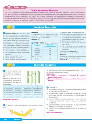 BIOLOGIA212
ᕡOs cromossomos são
classificados de acordo com
a posição do seu centrômero
(C):
Assinale a alternativa que,
corretamente, classifica os
cromossomos ao lado re-
presentados.
ᕢ O desenho a seguir representa um cromossomo conden-
sado:
a) Identifique as estruturas assinaladas pelas setas 1 a 5.
b) Qual é a função da estrutura 2?
ᕣCromátide é
a) um filamento simples de cromatina que representa a estru-
tura de qualquer cromossomo.
b) uma estrutura situada na constrição primária do cromos-
somo, pela qual ele será tracionado em certa etapa da
divisão celular.
c) cada um dos elementos duplicados de um mesmo cromos-
somo, durante o período em que se encontram unidos pelo
centrômero.
d) cada cromossomo-filho no período que se segue à comple-
mentação do processo de duplicação.
e) a região do cromossomo especializada na formação do
nucléolo.
RESOLUÇÃO:
a) 1 – satélite, 2 – centrômero, 3 – telômero, 4 – constrição
secundária e 5 – braço.
b) 2 serve para fixação do cromossomo nas fibras do fuso durante
a mitose.
RESOLUÇÃO: Resposta: C
1 2 3 4
a) acrocêntrico telocêntrico metacêntrico submetacêntrico
b) telocêntrico acrocêntrico submetacêntrico metacêntrico
c) metacêntrico submetacêntrico acrocêntrico telocêntrico
d) metacêntrico acrocêntrico telocêntrico submetacêntrico
e) acrocêntrico telocêntrico submetacêntrico metacêntrico
RESOLUÇÃO: Resposta: C
ᕡ(MODELO ENEM) – Em 1853, de um casal
de negros, nasceu uma menina que apresen-
tava uma anomalia na pele, caracterizada pela
presença de zonas pretas entremeadas por
zonas brancas. Esta menina, posteriormente,
casando-se com um negro, transmitiu a alguns
de seus filhos a sua anômala característica.
Como a anomalia não aparecera anteriormente
em nenhum membro da população, explica-se o
acontecimento por ter havido mutação em
a) um dos gametas que deram origem à menina.
b) um dos gametas que deram origem à mãe
da menina.
c) células reprodutoras da menina.
d) células somáticas da menina.
e) células somáticas da mãe da menina.
Resolução
A mutação ocorreu num dos gametas que de-
ram origem à menina que, posteriormente, a
transmitiu a alguns de seus filhos.
Resposta: A
ᕢ(MODELO ENEM) – Observe a tabela abaixo:
Da análise da tabela, podemos afirmar que:
I. O número de cromossomos é diretamente
proporcional ao tamanho da espécie.
II. O número de cromossomos difere entre as
distintas espécies de animais e plantas.
III. Os cromossomos estão em pares.
IV. Um membro de cada par vem da mãe e o
outro, do pai.
V. Não é o número de cromossomos que torna
uma espécie única, mas os genes que eles
transportam.
A única afirmativa incorreta é a:
a) I b) II c) III d) IV e) V
Resolução
O número de cromossomos não é diretamente
proporcional ao tamanho da espécie.
Resposta: A
ESPÉCIE
NÚMERO
DE CROMOSSOMOS
Homem 46
Chimpanzé 48
Cachorro 78
Cavalo 64
Mosca-das-frutas 8
Ervilha 14
OS CROMOSSOMOS HUMANOS
Em 1921, Theophilus Painter, observando ao microscópio finos cortes de testículos humanos, contou, pela primeira
vez, 48 cromossomos. A experiência foi confirmada por observações de outros biólogos e durante 35 anos o número
48 sempre foi citado e adotado. Em 1955, Tijo e Levan, utilizando técnicas mais aprimoradas, constataram a
existência de 46 cromossomos. O interessante é que em muitos livros apareciam fotos indicando 48 cromossomos,
quando a contagem, se praticada, revela a existência de somente 46.
Saiba mais??
C1_1A_Biologia_2013_Keli 10/09/12 12:28 Page 212
 