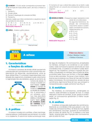 BIOLOGIA 215
ᕤ(VUNESP) – O ciclo celular corresponde ao processo bási-
co de formação de novas células; assim, ele inclui a mitose e a
interfase.
I. Período G1.
II. Divisão celular.
III. Período S (duplicação do conteúdo de DNA).
IV. Período G2.
Assinale a opção que indica corretamente a sequência natural
dos períodos do ciclo celular.
a) IV – III – I – II. b) I – III – IV – II. c) II – III – IV – I.
d) II – III – I – IV. e) III – I – II – IV.
ᕥ(UERJ) – Analise o gráfico abaixo.
O momento em que a célula-mãe acabou de se dividir e cada
célula-filha tem um conjunto de cromossomos idêntico ao da
original é:
a) 1 b) 2 c) 3 d) 4 e) 5
ᕦ(MODELO ENEM) – O esquema a seguir representa o ciclo
celular de uma célula típica.
Os seguintes fenômenos: du-
plicação dos cromossomos,
crescimento celular e conden-
sação cromossômica ocorrem,
respectivamente, em
a) M, G1 e S.
b) G1, S e G2.
c) G2, M e S.
d) S, G1 e M.
e) S, G2 e M.
RESOLUÇÃO: Resposta: B
RESOLUÇÃO: Resposta: D
RESOLUÇÃO: Resposta: E
1. Características
e funções da mitose
A mitose é o processo de divisão celular que permite
a distribuição dos cromossomos e dos constituintes cito-
plasmáticos da célula-mãe, equitativamente, entre as
duas células-filhas. É o processo responsável pela multi-
plicação dos organismos unicelulares e pelo crescimento
e regeneração dos pluricelulares, graças ao aumento do
número de células. A
mitose é dividida em
duas etapas: a cario-
cinese ou divisão do
núcleo e a citocinese
ou divisão do citoplas-
ma. A cariocinese é
um processo contí-
nuo, mas, para efeito
didático, é dividido em
quatro fases: prófa-
se, metáfase, anáfa-
se e telófase, esque-
matizadas na Fig. 1.
2. A prófase
A mitose é iniciada com a prófase, a fase mais longa,
caracterizada por modificações que acontecem no núcleo
e no citoplasma. O volume do núcleo aumenta por rece-
ber água do citoplasma. Os cromossomos, já duplicados
na interfase, começam a se condensar e a ser eviden-
ciados. Cada cromossomo aparece constituído por duas
cromátides-irmãs, o nucléolo e o envoltório nuclear desin-
tegram-se. No citoplasma, começa a migração dos cen-
tríolos, já duplicados na interfase, para os polos da célula,
envolvidos pelas fibras que formam o chamado áster.
Entre os dois centríolos, forma-se o fuso mitótico. Lem-
bramos que os ásteres e as fibras do fuso são formados
pelos microtúbulos. Os cromosssomos, através de seus
centrômeros, ligam-se às fibras do fuso, que começam a
transportá-los para a região central do fuso (Fig. 2).
3. A metáfase
Na metáfase, os cromossomos, condensados ao
máximo, estão alinhados no equador do fuso. É a etapa
ideal para o exame do cariótipo, já que, graças à conden-
sação, os cromossomos apresentam a melhor visuali-
zação (Fig. 2).
4. A anáfase
A anáfase começa pela duplicação dos centrômeros,
libertando as cromátides-irmãs que passam a ser cha-
madas de cromossomos-filhos. As fibras do fuso, ligadas
aos centrômeros, encurtam, puxando os cromossomos
para os polos da célula (Fig. 2). A anáfase é uma fase
rápida, caracterizada pela migração dos cromossomos
para os polos do fuso.
Fig. 1 – O ciclo celular.
14 A mitose • Prófase • Metáfase • Anáfase
• Telófase • Citocinese
C1_1A_Biologia_2013_Keli 10/09/12 12:28 Page 215
 