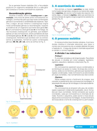 BIOLOGIA 219
Se os gametas fossem diploides (2n), a fecundação
produziria um organismo tetraploide (4n) e a cada gera-
ção sucessiva o número cromossômico duplicaria.
Recombinação gênica
Durante a meiose, ocorre o crossing-over ou per-
mutação, uma troca de partes entre cromossomos ho-
mólogos, contribuindo para que haja novas combinações
gênicas e aumentando a variabilidade das espécies. Veja-
mos, a seguir, de que maneira o crossing-over origina
novas combinações gênicas ou recombinações. Suponha
a existência de um organismo que tenha dois genes A e
B num cromossomo e dois genes a e b no homólogo. Se
não houvesse crossing-over, os gametas, que recebem
apenas um dos cromossomos, seriam portadores de duas
combinações gênicas: A e B ou a e b. Com a ocorrência de
crossing-over, fenômeno que acontece com os cromos-
somos já duplicados, formam-se quatro combinações
gênicas: AB, Ab, aB e ab, como se verifica na Fig. 3.
Fig. 3 – O crossing-over.
3. A ocorrência da meiose
Nos animais, a meiose é gamética, ou seja, ocorre
na formação dos gametas, enquanto na maioria dos vege-
tais é espórica, por ocorrer na formação dos esporos. Em
certas algas, a meiose é zigótica, dado que acontece na
primeira divisão do zigoto e origina organismos adultos ha-
ploides (Fig. 4).
Fig. 4 – A ocorrência da meiose.
4. O processo meiótico
A meiose envolve duas divisões celulares. A primeira
divisão meiótica é chamada reducional, pois reduz o
número de cromossomos de um estado diploide (2n) para
o haploide (n). A segunda divisão é chamada equacional
e mantém o número haploide.
A divisão I ou reducional
Prófase I
É uma fase complexa e de longa duração. Para efeito
de estudo, é dividida em cinco estágios: leptóteno,
zigóteno, paquíteno, diplóteno e diacinese (Fig. 5).
Leptoteno
Os cromossomos aparecem pouco condensados e
se distribuem ao acaso no núcleo. Ao longo dos cromos-
somos, estão os cromômeros, grânulos que representam
regiões condensadas. Cada cromossomo já está dividido
em duas cromátides, mas normalmente isso não é visível.
Zigoteno
Neste estágio ocorre o fenômeno da sinapse, que
consiste no pareamento dos cromossomos homólogos. A
associação de cada par de homólogos é chamada bivalente.
Paquiteno
Os cromossomos já atingiram alto grau de conden-
sação e aparecem nitidamente duplicados, isto é, forma-
dos por duas cromátides. Sendo composto por quatro
cromátides, cada par cromossômico é chamado de té-
trade. Durante o paquíteno, pode ocorrer a troca de pe-
daços entre cromossomos homólogos. A esse fenômeno
de trocas dá-se o nome de crossing-over ou permutação.
Fig. 5 – A prófase I.
C1_1A_Biologia_2013_Keli 11/09/12 09:30 Page 219
 