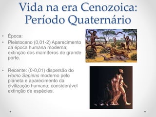 Vida na era Cenozoica:
Período Quaternário
• Época:
• Pleistoceno (0,01-2) Aparecimento
da época humana moderna;
extinção dos mamíferos de grande
porte.
• Recente: (0-0,01) dispersão do
Homo Sapiens moderno pelo
planeta e aparecimento da
civilização humana; considerável
extinção de espécies.
 