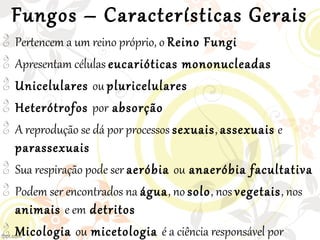Fungos – Características Gerais

Pertencem a um reino próprio, o Reino Fungi

Apresentam células eucarióticas mononucleadas

Unicelulares ou pluricelulares

Heterótrofos por absorção

A reprodução se dá por processos sexuais, assexuais e
parassexuais

Sua respiração pode ser aeróbia ou anaeróbia facultativa

Podem ser encontrados na água, no solo, nos vegetais, nos
animais e em detritos

Micologia ou micetologia é a ciência responsável por
 