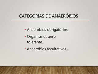 CATEGORIAS DE ANAERÓBIOS
• Anaeróbios obrigatórios.
• Organismos aero
tolerante.
• Anaeróbios facultativos.
 