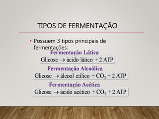 TIPOS DE FERMENTAÇÃO
• Possuem 3 tipos principais de
fermentações:
 
