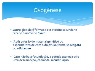 Ovogênese


Outro glóbulo é formado e o ovócito secundário
recebe o nome de óvulo

Após a fusão do material genético do
espermatozóide com o do óvulo, forma-se o zigoto
ou célula-ovo

Caso não haja fecundação, a parede uterina sofre
uma descamação, chamada menstruação
 