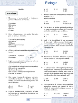 Biología
11
Genética I
NIVEL BÁSICO
1.	 El ................ es la zona donde se localiza un
gen específico en el cromosoma.
A)	genotipo
B)	fenotipo
C)	loci
D)	locus
E)	alelo
2.	 Si un individuo posee dos alelos diferentes
para un locus, se denomina
A)	homocigote dominante.
B)	fenotipo.
C)	híbrido.
D)	homocigote recesivo.
E)	dihíbrido.
3.	 ¿Cómo se denominan las formas variantes de
un gen?
A)	fenotipo	 B)	locus			 C)	loci
D)	genotipo						 E)	alelos
4.	 Según ..............., los alelos se separan antes de
que se formen los gametos.
A)	el principio de la uniformidad y reciprocidad
B)	la ley de la segregación
C)	el cruce de prueba
D)	la ley de la distribución independiente
E)	el tipo de fenotipo
5.	 Si se cruzan 2 plantas de chícharos con flores
axiales heterocigotes y se obtienen 8 descen-
dientes, ¿cuántos descendientes podrían ser
de flor terminal?
A)	uno	 B)	dos			 C)	cuatro
D)	seis 						 E)	ocho
6.	 ¿Cuál es la probabilidad de obtener híbridos
del cruce de un homocigote dominante con
un heterocigote?
A)	1/4	 B)	1/3			 C)	3/4
D)	4/4 						 E)	2/4
7.	 ¿Cuántos genotipos diferentes se obtienen del
siguiente cruce?
	 AaBBCc×aaBbCc
A)	dos	 B)	cuatro			 C)	seis
D)	doce 						 E)	dieciocho
8.	 Un chícharo con semilla amarilla heterocigote
se cruza con otro de semilla verde. Determine
la relación genotípica que se obtiene.
A)	1:2:1	 B)	1:3			 C)	2:2
D)	3:1 						 E)	9:3:3:1
9.	 ¿Cuál es la probabilidad de que una pareja
de ojos café y labios gruesos, híbridos para
ambas características, pueda tener un hijo que
herede solamente alelos recesivos para ambas
características?
A)	3/4	 B)	3/16			 C)	9/16
D)	1/16 						 E)	1/4
10.	 Del cruce de dihíbridos, determine la propor-
ción de individuos con el genotipo Aabb.
A)	9/16	 B)	1/16 			 C)	3/16
D)	1/8 						 E)	1/4
11.	 Se sabe que en el color de plumaje de los ga-
llos y gallinas el color negro presenta dominan-
cia incompleta frente al blanco. Si se cruzan un
gallo gris con una gallina negra, ¿qué porcenta-
je de los pollitos heredarán plumaje gris?
A)	25 %	 B)	50 %			 C)	75 %
D)	100 % 						 E)	0 %
12.	 Un cruzamiento de prueba con un individuo
homocigote para un solo carácter da por re-
sultado la proporción fenotípica ............... en
cuatro descendientes.
A)	2:2	 B)	9:3:3:1 		 C)	1:1:1:1
D)	3:1 						 E)	4:0
 