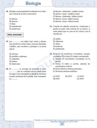 Biología
4
Prohibida su reproducción total o parcial sin autorización de los titulares de la obra.
Derechos reservados D. LEG Nº 822
18.	 El tejido osmorregulador localizado en el cilin-
dro central de la raíz se denomina
A)	xilema.
B)	floema.
C)	líber.
D)	endodermis.
E)	rizodermis.
NIVEL AVANZADO
19.	 Los ............... son tallos muy cortos y planos
que producen varias hojas carnosas llamadas
catáfilos, que recubren y protegen a la yema
apical.
A)	rizomas
B)	zarcillos caulinares
C)	cladodios
D)	bulbos
E)	tubérculos
20.	 El ............... se encarga de trasladar la savia
..............., que se compone en su mayor parte
de agua e iones inorgánicos, desde la raíz hacia
la parte proximal de la planta. Este transporte
es .............
A)	floema - elaborada - unidireccional.
B)	xilema - bruta - unidireccional.
C)	floema - elaborada - bidireccional.
D)	xilema - bruta - bidireccional.
E)	floema - bruta - bidireccional.
21.	 Cuando los árboles envejecen, comienzan a
perder la parte más externa de su tronco. A
estas partes que se caen se les conoce con el
nombre de
A)	anillos.
B)	ritidomas.
C)	súber.
D)	lenticela.
E)	peridermis.
22.	 Respecto al meristemo secundario, marque
verdadero (V) o falso (F) según corresponda.
	 I.	 Genera el crecimiento secundario en la
planta.
	 II.	 Forma el súber o corcho, además de
parénquima cortical.
	 III.	Forma xilema y floema primarios.
	 IV.	Presenta estomas aeríferos.
A)	VVFF	 B)	VFVF 			 C)	VFVV
D)	FVFV 						 E)	FFFV
 