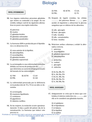 NIVEL INTERMEDIO
10.	 Los órganos endocrinos presentan glándulas
que vierten su contenido a la sangre. En ese
sentido, indique cuál de las siguientes alterna-
tivas no posee una región endocrina.
A)	páncreas
B)	ovarios
C)	glándula tiroides
D)	glándula submaxilar
E)	glándula paratiroides
11.	 La hormona ADH es producida por el hipotála-
mo y se almacena en la
A)	zona anterior de la hipófisis.
B)	adenohipófisis.
C)	neurohipófisis.
D)	glándula tiroides.
E)	glándula suprarrenal.
12.	 La acromegalia es una enfermedad endocrina
debida a un exceso de producción de ...............,
que determina un aumento desproporcionado
del tamaño de las extremidades.
A)	TSH	 B)	ACTH			 C)	LH
D)	PRL						 E)	GH
13.	 La enfermedad provocada por la deficiencia
en la producción de T3 y T4 en un niño se de-
nomina
A)	acromegalia.
B)	enanismo hipofisiario.
C)	cretinismo.
D)	gigantismo.
E)	diabetes mellitus.
14.	 En las mujeres, la ovulación ocurre aproxima-
damente 14 días a partir del primer día de la
menstruación. La hormona que induce este
proceso es
A)	FSH.	 B)	ACTH.			 C)	LH.
D)	PRL.						 E)	T3.
15.	 Después de ingerir comidas, las células
............... del páncreas liberan ............... para
ayudar al organismo a almacenar la glucosa
sanguínea que se obtiene de los alimentos.
A)	alfa - glucagón
B)	beta - glucagón
C)	alfa - insulina
D)	alfa - somatostatina
E)	beta - insulina
16.	 Relacione ambas columnas y señale la alter-
nativa correcta.
	 I.	 páncreas
	 II.	 neurohipófisis
	 III.	glándula suprarrenal
	 IV.	adenohipófisis
	 a.	 prolactina
	 b.	 cortisol
	 c.	 glucagón
	 d.	 oxitocina
A)	Id, IIa, IIIb, IVc	
B)	Ic, IId, IIIa, IVb
C)	Id, IIc, IIIb, IVa
D)	Ib, IId, IIIa, IVc	
E)	Ic, IId, IIIb, IVa
NIVEL AVANZADO
17.	 Antiguamente se creía que lo único que con-
trolaba el sistema endocrino era ..............., por
ello se le consideró una glándula maestra.
A)	el epitálamo	
B)	el hipotálamo	
C)	el tálamo
D)	la hipófisis
E)	la epífisis
Biología
11
Prohibida su reproducción total o parcial sin autorización de los titulares de la obra.
Derechos reservados D. LEG Nº 822
 