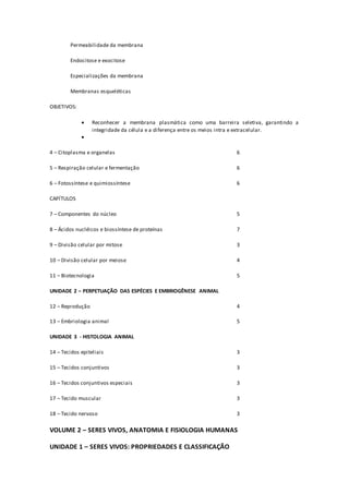 Permeabilidade da membrana
Endocitose e exocitose
Especializações da membrana
Membranas esqueléticas
OBJETIVOS:
 Reconhecer a membrana plasmática como uma barreira seletiva, garantindo a
integridade da célula e a diferença entre os meios intra e extracelular.

4 – Citoplasma e organelas 6
5 – Respiração celular e fermentação 6
6 – Fotossíntese e quimiossíntese 6
CAPÍTULOS
7 – Componentes do núcleo 5
8 – Ácidos nucléicos e biossíntese de proteínas 7
9 – Divisão celular por mitose 3
10 – Divisão celular por meiose 4
11 – Biotecnologia 5
UNIDADE 2 – PERPETUAÇÃO DAS ESPÉCIES E EMBRIOGÊNESE ANIMAL
12 – Reprodução 4
13 – Embriologia animal 5
UNIDADE 3 - HISTOLOGIA ANIMAL
14 – Tecidos epiteliais 3
15 – Tecidos conjuntivos 3
16 – Tecidos conjuntivos especiais 3
17 – Tecido muscular 3
18 – Tecido nervoso 3
VOLUME 2 – SERES VIVOS, ANATOMIA E FISIOLOGIA HUMANAS
UNIDADE 1 – SERES VIVOS: PROPRIEDADES E CLASSIFICAÇÃO
 