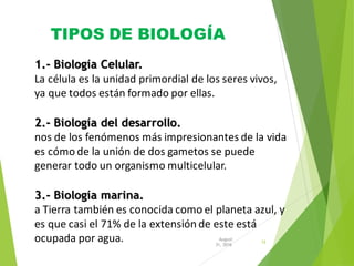 TIPOS DE BIOLOGÍA
12
31, 2016
August
1.- Biología Celular.
La célula es la unidad primordial de los seres vivos,
ya que todos están formado por ellas.
2.- Biología del desarrollo.
nos de los fenómenos más impresionantes de la vida
es cómo de la unión de dos gametos se puede
generar todo un organismo multicelular.
3.- Biología marina.
a Tierra también es conocida como el planeta azul, y
es que casi el 71% de la extensión de este está
ocupada por agua.
 