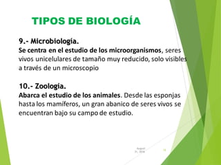 TIPOS DE BIOLOGÍA
12
31, 2016
August
9.- Microbiología.
Se centra en el estudio de los microorganismos, seres
vivos unicelulares de tamaño muy reducido, solo visibles
a través de un microscopio
10.- Zoología.
Abarca el estudio de los animales. Desde las esponjas
hasta los mamíferos, un gran abanico de seres vivos se
encuentran bajo su campo de estudio.
 