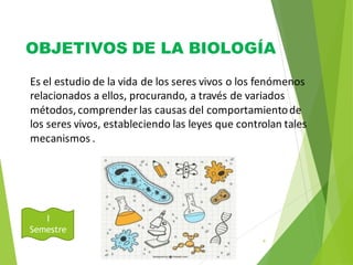 OBJETIVOS DE LA BIOLOGÍA
August
31, 2016
4
Es el estudio de la vida de los seres vivos o los fenómenos
relacionados a ellos, procurando, a través de variados
métodos, comprender las causas del comportamientode
los seres vivos, estableciendo las leyes que controlan tales
mecanismos .
I
Semestre
 