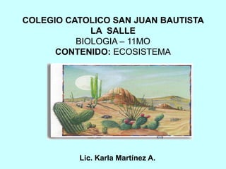 COLEGIO CATOLICO SAN JUAN BAUTISTA
LA SALLE
BIOLOGIA – 11MO
CONTENIDO: ECOSISTEMA
Lic. Karla Martínez A.
 