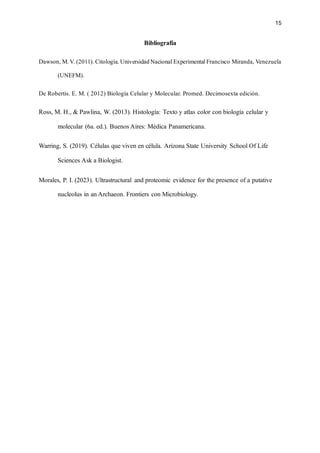 15
Bibliografía
Dawson, M.V. (2011). Citología. Universidad Nacional Experimental Francisco Miranda, Venezuela
(UNEFM).
De Robertis. E. M. ( 2012) Biología Celular y Molecular. Promed. Decimosexta edición.
Ross, M. H., & Pawlina, W. (2013). Histología: Texto y atlas color con biología celular y
molecular (6a. ed.). Buenos Aires: Médica Panamericana.
Warring, S. (2019). Células que viven en célula. Arizona State University School Of Life
Sciences Ask a Biologist.
Morales, P. I. (2023). Ultrastructural and proteomic evidence for the presence of a putative
nucleolus in an Archaeon. Frontiers con Microbiology.
 