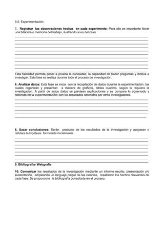 6.5. Experimentación:
7. Registrar las observaciones hechas en cada experimento: Para ello es importante llevar
una bitácora o memoria del trabajo, ilustrando si es del caso
_______________________________________________________________________________
_______________________________________________________________________________
_______________________________________________________________________________
_______________________________________________________________________________
_______________________________________________________________________________
_______________________________________________________________________________
_______________________________________________________________________________
_______________________________________________________________________________
_______________________________________________________________________________
_______________________________________________________________________________
______________________________________________________________________________
Esta habilidad permite poner a prueba la curiosidad, la capacidad de hacer preguntas y motiva a
investigar. Esta fase se realiza durante todo el proceso de investigación.
8. Analizar datos: Esta fase se inicia con la recopilación de datos durante la experimentación, los
cuales organizan y presentan a manera de gráficos, tablas cuadros, según lo requiera la
investigación. A partir de estos datos se plantean explicaciones y se compara lo observado y
obtenido en la experimentación; con los resultados obtenidos por otros investigadores.
_______________________________________________________________________________
_______________________________________________________________________________
_______________________________________________________________________________
_______________________________________________________________________________
_______________________________________________________________________________
______________________________________________________________________________
8. Sacar conclusiones: Serán producto de los resultados de la investigación y apoyaran o
refutara la hipótesis formulada inicialmente.
_______________________________________________________________________________
_______________________________________________________________________________
_______________________________________________________________________________
_______________________________________________________________________________
_______________________________________________________________________________
_______________________________________________________________________________
_______________________________________________________________________________
_______________________________________________________________________________
9. Bibliografia- Webgrafia
10. Comunicar los resultados de la investigación mediante un informe escrito, presentación y/o
sustentación, empleando un lenguaje propio de las ciencias, resaltando los hechos relevantes de
cada fase. Se proporciona la bibliografía consultada en el proceso.
 