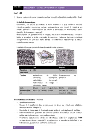 2010-2011 FACULDADE DE FARMÁCIA DA UNIVERSIDADE DE LISBOA
62
Aula 9 e 10
9) Sistema endomembranar e tráfego intracelular e...