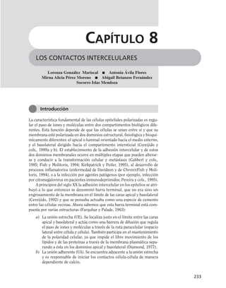 La característica fundamental de las células epiteliales polarizadas es regu-
lar el paso de iones y moléculas entre dos compartimentos biológicos dife-
rentes. Esta función depende de que las células se unan entre sí y que su
membrana esté polarizada en dos dominios estructural, fisiológica y bioquí-
micamente diferentes: el apical o luminal orientado hacia el medio externo,
y el basolateral dirigido hacia el compartimento intersticial (Cereijido y
cols., 1989a y b). El establecimiento de la adhesión intercelular y de estos
dos dominios membranales ocurre en múltiples etapas que pueden alterar-
se y conducir a la transformación celular y metástasis (Gabbert y cols.,
1985; Fish y Molitoris, 1994; Kirkpatrick y Peifer, 1995), al desarrollo de
procesos inflamatorios (enfermedad de Davidson y de Chron)(Fish y Moli-
toris, 1994), o a la infección por agentes patógenos (por ejemplo, infección
por citomegalovirus en pacientes inmunodeprimidos; Pereira y cols., 1995).
A principios del siglo XX la adhesión intercelular en los epitelios se atri-
buyó a lo que entonces se denominó barra terminal, que no era sino un
engrosamiento de la membrana en el límite de las caras apical y basolateral
(Cereijido, 1992) y que se pensaba actuaba como una especie de cemento
entre las células vecinas. Ahora sabemos que esta barra terminal está com-
puesta por varias estructuras (Farquhar y Palade, 1963):
a) La unión estrecha (UE). Se localiza justo en el límite entre las caras
apical y basolateral y actúa como una barrera de difusión que regula
el paso de iones y moléculas a través de la ruta paracelular (espacio
lateral entre célula y célula). También participa en el mantenimiento
de la polaridad celular, ya que impide el libre movimiento de los
lípidos y de las proteínas a través de la membrana plasmática sepa-
rando a ésta en los dominios apical y basolateral (Diamond, 1977).
b) La unión adherente (UA). Se encuentra adyacente a la unión estrecha
y es responsable de iniciar los contactos célula-célula de manera
dependiente de calcio.
233
LOS CONTACTOS INTERCELULARES
CAPÍTULO 8
Lorenza González Mariscal ■ Antonia Ávila Flores
Mirna Alicia Pérez Moreno ■ Abigail Betanzos Fernández
Socorro Islas Mendoza
Introducción
 