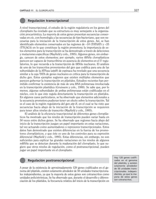 A nivel transcripcional, el estudio de la región regulatoria en los genes del
cloroplasto ha revelado que su estructura es muy semejante a la organiza-
ción procarióntica. La mayoría de estos genes presentan secuencias conser-
vadas en cis, con homología a las secuencias de tipo bacteriano, que son ne-
cesarias para la iniciación de la transcripción de estos genes. Así, se han
identificado elementos conservados en las regiones de –10 (TATAAT) y –35
(TTGACA) en lo que constituye la región promotora; la importancia de es-
tos elementos para la transcripción se ha demostrado a través de deleciones
y mutaciones específicas (Mayfield y cols., 1995). Algunos genes, sin embar-
go, carecen de estos elementos; por ejemplo, varios tRNAs cloroplásticos
parecen ser capaces de transcribirse en ausencia de elementos en el 5' regu-
latorios, lo que recuerda a la transcripción de tRNAs nucleares. El análisis
de uno de los transcritos provenientes del gen que codifica para una de las
subunidades de la ATPasa (atpB) de espinaca ha revelado que una secuencia
similar a la caja TATA de genes nucleares es crítica para la transcripción de
dicho gen. Estos ejemplos sugieren que existen múltiples elementos que
parecen gobernar la transcripción en plástidos. Estudios recientes han per-
mitido confirmar la existencia de más de una RNA polimerasa involucrada
en la transcripción plastídica (Gruissem y cols., 1988). Se sabe que, por lo
menos, algunas subunidades de ambas polimerasas están codificadas en el
núcleo, con lo que éste regula directamente la transcripción en plástidos.
En algunos casos particulares, se ha observado que elementos adicionales a
la secuencia promotora pudieran tener un efecto sobre la transcripción. Tal
es el caso de la región regulatoria del gen atp B, en el cual se ha visto que
secuencias hacia abajo de la iniciación de la transcripción se requieren
para tener altos niveles de transcrito (Mayfield y cols., 1995).
El análisis de la eficiencia trascripcional de diferentes genes cloroplás-
ticos ha mostrado que los niveles de transcripción pueden variar hasta en
50 veces entre dichos genes. Se ha observado que regiones hacia abajo del
inicio de la transcripción juegan un papel importante en estas variaciones,
tal vez actuando como aumentadores o represores transcripcionales. Estos
datos han demostrado que existen diferencias en la fuerza de los promo-
tores cloroplásticos, y que éste es uno de los controles para su expresión
diferencial (Mayfield y cols., 1995). Estas diferencias, sin embargo, no son
suficientes para explicar las grandes variaciones en los niveles de algunos
mRNAs que se detectan durante la maduración del cloroplasto, lo que su-
giere que otros niveles de regulación, como el postranscripcional, pueden
jugar un papel importante en el cloroplasto.
A pesar de la existencia de aproximadamente 120 genes codificados en el ge-
noma del plástido, existen solamente alrededor de 50 unidades transcripciona-
les independientes, ya que la mayoría de estos genes son cotranscritos como
unidades policistrónicas. Se ha observado que, durante el desarrollo y diferen-
ciación de los plástidos, la frecuencia relativa del inicio de la transcripción en
CAPÍTULO 11 EL CLOROPLASTO 327
Regulación postranscripcional
Hay 120 genes codifi-
cados en el genoma
del plástido, y existen
solamente alrededor
de 50 unidades trans-
cripcionales indepen-
dientes, ya que la ma-
yoría de estos genes
son cotranscritos.
Regulación transcripcional
 