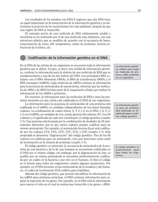 Los resultados de los estudios con DNA-Z sugieren que este DNA tiene
un papel importante en la transcripción de la información genética y en de-
terminar la posición de los nucleosomas (ver más adelante), después de que
una región de DNA se transcribe.
El concepto previo de una molécula de DNA relativamente estable y
monótona se ha sustituido por el de una molécula muy dinámica, con una
estructura plástica que se modifica de acuerdo con la secuencia de bases,
concentración de iones, pH, temperatura, unión de proteínas, tensión es-
tructural de la hélice, etc.
En el DNA de las células de un organismo se encuentra toda la información
genética que lo define. Un gen, es decir, una unidad de información genéti-
ca, contiene la información para la síntesis de una molécula de RNA que es
complementaria a una de las dos hebras del DNA. Los principales RNA ce-
lulares son el RNA ribosomal (rRNA), el RNA de transferencia (tRNA) y el
RNA mensajero (mRNA). Cada molécula de mRNA contiene la información
para la secuencia de aminoácidos de una proteína, mientras que las molécu-
las de rRNA y de tRNA forman parte de la maquinaria celular que traduce la
información de los mRNA a proteínas.
En resumen, la información para las moléculas de RNA y para las pro-
teínas presentes en una célula está codificada en el DNA de ese organismo.
La información para la secuencia de aminoácidos de una proteína está
codificada en el mRNA, en unidades independientes de tres bases llamadas
codones. La combinación de cuatro letras, A, T, C y G en el DNA, o A, U, C
y G en el mRNA, en unidades de tres, puede generar 64 codones (43
). Los 64
codones y el significado de cada uno constituyen el código genético (cuadro
1-1). Una proteína está formada por la combinación de alrededor de 20 ami-
noácidos diferentes, por lo que varios codones pueden codificar para un
mismo aminoácido. Por ejemplo, el aminoácido leucina (Leu) está codifica-
do por los codones UUA, UUG, CUU, CUC, CUA, y CUG (cuadro 1-1). Esta
propiedad se denomina “degeneración” del código genético. Tres de los 64
codones no codifican para un aminoácido, sino que funcionan como señal
de terminación en la síntesis de proteínas (cuadro 1-1).
El código genético es universal; la secuencia de aminoácidos de la pro-
teína de una bacteria y de la de una humana se encuentran codificadas en
el DNA por el mismo código; sin embargo, por la degeneración de éste, es
posible que un mismo aminoácido se encuentre preferentemente codifica-
do por un codón en la bacteria y por otro en el humano. Si bien el código
es el mismo para todos los organismos, existen algunas excepciones. Por
ejemplo, en el DNA presente en las mitocondrias de la levadura y del huma-
no, el codón de terminación UGA codifica para triptófano.
Además del código genético, que permite decodificar la información de
los mRNA para sintetizar proteínas, el DNA contiene información para re-
gular la expresión de los genes. Por ejemplo, en el DNA está la información
para marcar el sitio en el cual la enzima que transcribe a los genes, o RNA-
CAPÍTULO I ÁCIDO DESOXIRRIBONUCLEICO, DNA 13
Codificación de la información genética en el DNA
La información genéti-
ca codifica para todas
las moléculas de pro-
teína y RNA presentes
en un organismo.
La información genéti-
ca para las proteínas
está codificada en tri-
pletes de bases o codo-
nes: código genético.
El código genético es
prácticamente igual
para todos los orga-
nismos.
 