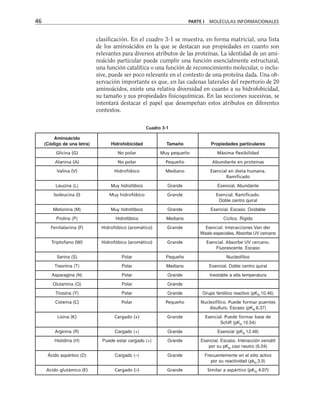 clasificación. En el cuadro 3-1 se muestra, en forma matricial, una lista
de los aminoácidos en la que se destacan sus propiedades en cuanto son
relevantes para diversos atributos de las proteínas. La identidad de un ami-
noácido particular puede cumplir una función esencialmente estructural,
una función catalítica o una función de reconocimiento molecular, o inclu-
sive, puede ser poco relevante en el contexto de una proteína dada. Una ob-
servación importante es que, en las cadenas laterales del repertorio de 20
aminoácidos, existe una relativa diversidad en cuanto a su hidrofobicidad,
su tamaño y sus propiedades fisicoquímicas. En las secciones sucesivas, se
intentará destacar el papel que desempeñan estos atributos en diferentes
contextos.
46 PARTE I MOLÉCULAS INFORMACIONALES
Aminoácido
(Código de una letra) Hidrofobicidad Tamaño Propiedades particulares
Glicina (G) No polar Muy pequeño Máxima flexibilidad
Alanina (A) No polar Pequeño Abundante en proteínas
Valina (V) Hidrofóbico Mediano Esencial en dieta humana.
Ramificado
Leucina (L) Muy hidrofóbico Grande Esencial. Abundante
Isoleucina (I) Muy hidrofóbico Grande Esencial. Ramificado.
Doble centro quiral
Metionina (M) Muy hidrofóbico Grande Esencial. Escaso. Oxidable
Prolina (P) Hidrofóbico Mediano Cíclico. Rígido
Fenilalanina (F) Hidrofóbico (aromático) Grande Esencial. Interacciones Van der
Waals especiales. Absorbe UV cercano
Triptofano (W) Hidrofóbico (aromático) Grande Esencial. Absorbe UV cercano.
Fluorescente. Escaso
Serina (S) Polar Pequeño Nucleofílico
Treonina (T) Polar Mediano Esencial. Doble centro quiral
Asparagina (N) Polar Grande Inestable a alta temperatura
Glutamina (Q) Polar Grande
Tirosina (Y) Polar Grande Grupo fenólico reactivo (pKR
10.46)
Cisteína (C) Polar Pequeño Nucleofílico. Puede formar puentes
disulfuro. Escaso (pKR
8.37)
Lisina (K) Cargado (+) Grande Esencial. Puede formar base de
Schiff (pKR
10.54)
Arginina (R) Cargado (+) Grande Esencial (pKR
12.48)
Histidina (H) Puede estar cargado (+) Grande Esencial. Escaso. Interacción versátil
por su pKR
casi neutro (6.04)
Ácido aspártico (D) Cargado (–) Grande Frecuentemente en el sitio activo
por su reactividad (pkR
3.9)
Ácido glutámico (E) Cargado (–) Grande Similar a aspártico (pKR
4.07)
Cuadro 3-1
 