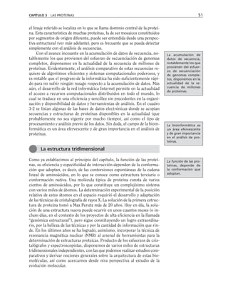 el linaje referido se localiza en lo que se llama dominio central de la proteí-
na. Esta característica de muchas proteínas, la de ser mosaicos constituidos
por segmentos de origen diferente, puede ser entendida desde una perspec-
tiva estructural (ver más adelante), pero es frecuente que se pueda detectar
simplemente con el análisis de secuencias.
Con el avance incesante en la acumulación de datos de secuencia, no-
tablemente los que provienen del esfuerzo de secuenciación de genomas
completos, disponemos en la actualidad de la secuencia de millones de
proteínas. Evidentemente, el análisis comparativo de estas secuencias re-
quiere de algoritmos eficientes y sistemas computacionales poderosos, y
es notable que el progreso de la informática ha sido suficientemente rápi-
do para no sufrir ningún rezago respecto a la acumulación de datos. Más
aún, el desarrollo de la red informática Internet permite en la actualidad
el acceso a recursos computacionales distribuidos en todo el mundo, lo
cual se traduce en una eficiencia y sencillez sin precedentes en la organi-
zación y disponibilidad de datos y herramientas de análisis. En el cuadro
3-2 se listan algunas de las bases de datos electrónicas donde se acopian
secuencias y estructuras de proteínas disponibles en la actualidad (que
probablemente no sea vigente por mucho tiempo), así como el tipo de
procesamiento y análisis previo de los datos. Sin duda, el campo de la bioin-
formática es un área efervescente y de gran importancia en el análisis de
proteínas.
Como ya establecimos al principio del capítulo, la función de las proteí-
nas, su eficiencia y especificidad de interacción dependen de la conforma-
ción que adoptan, es decir, de las contorsiones espontáneas de la cadena
lineal de aminoácidos, en lo que se conoce como estructura terciaria o
conformación nativa. Una molécula típica de proteína consta de varios
cientos de aminoácidos, por lo que constituye un complejísimo sistema
con varios miles de átomos. La determinación experimental de la posición
relativa de estos átomos en el espacio requirió el desarrollo y adaptación
de las técnicas de cristalografía de rayos X. La solución de la primera estruc-
tura de proteína tomó a Max Perutz más de 20 años. Hoy en día, la solu-
ción de una estructura nueva puede ocurrir en unos cuantos meses (o in-
cluso días, en el contexto de los proyectos de alta eficiencia en la llamada
“genómica estructural”), pero sigue constituyendo un logro extraordina-
rio, por la belleza de las técnicas y por la cantidad de información que rin-
de. En los últimos años se ha logrado, asimismo, incorporar la técnica de
resonancia magnética nuclear (NMR) al arsenal de herramientas para la
determinación de estructuras proteicas. Producto de los esfuerzos de cris-
talógrafos y espectroscopistas, disponemos de varios miles de estructuras
tridimensionales independientes, con las que podemos realizar estudios com-
parativos y derivar nociones generales sobre la arquitectura de estas bio-
moléculas, así como acercarnos desde otra perspectiva al estudio de la
evolución molecular.
CAPÍTULO 3 LAS PROTEÍNAS 51
La estructura tridimensional
La acumulación de
datos de secuencia,
notablemente los que
provienen del esfuer-
zo de secuenciación
de genomas comple-
tos, disponemos en la
actualidad de la se-
cuencia de millones
de proteínas.
La bioinformática es
un área efervescente
y de gran importancia
en el análisis de pro-
teínas.
La función de las pro-
teínas, depende de
la conformación que
adoptan.
 