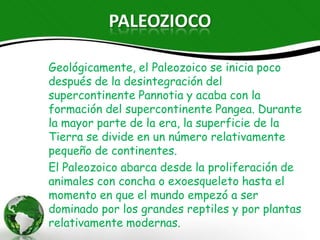 PALEOZIOCO

Geológicamente, el Paleozoico se inicia poco
después de la desintegración del supercontinente
Pannotia y acaba con la formación del
supercontinente Pangea. Durante la mayor parte de
la era, la superficie de la Tierra se divide en un
número relativamente pequeño de continentes.
El Paleozoico abarca desde la proliferación de
animales con concha o exoesqueleto hasta el
momento en que el mundo empezó a ser dominado
por los grandes reptiles y por plantas
relativamente modernas.
 