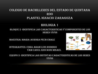 COLEGIO DE BACHILLERES DEL ESTADO DE QUINTANA
ROO
PLANTEL IGNACIO ZARAGOZA
BIOLOGIA 1
BLOQUE 2 -IDENTIFICA LAS CARACTERISTICAS Y COMPONENTES DE LOS
SERES VIVOS
MAESTRA: MARIA AURORA PECH CHALE
EQUIPO 5- IDENTIFICA LAS DISTINTAS CARACTERISTICAS DE LOS SERES
VIVOS
INTEGRANTES: COBA ABAM LUIS RODRIGO
YAM CANUL GIOVANNI MISAEL
 