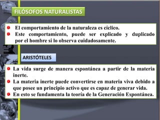 FILÓSOFOS NATURALISTAS
El comportamiento de la naturaleza es cíclico.
Este comportamiento, puede ser explicado y duplicado
por el hombre si lo observa cuidadosamente.
ARISTÓTELES
La vida surge de manera espontánea a partir de la materia
inerte.
La materia inerte puede convertirse en materia viva debido a
que posee un principio activo que es capaz de generar vida.
En esto se fundamenta la teoría de la Generación Espontánea.
 