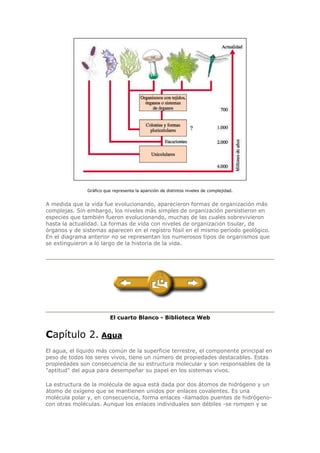 Gráfico que representa la aparición de distintos niveles de complejidad.
A medida que la vida fue evolucionando, aparecieron formas de organización más
complejas. Sin embargo, los niveles más simples de organización persistieron en
especies que también fueron evolucionando, muchas de las cuales sobrevivieron
hasta la actualidad. La formas de vida con niveles de organización tisular, de
órganos y de sistemas aparecen en el registro fósil en el mismo período geológico.
En el diagrama anterior no se representan los numerosos tipos de organismos que
se extinguieron a lo largo de la historia de la vida.
El cuarto Blanco - Biblioteca Web
Capítulo 2. Agua
El agua, el líquido más común de la superficie terrestre, el componente principal en
peso de todos los seres vivos, tiene un número de propiedades destacables. Estas
propiedades son consecuencia de su estructura molecular y son responsables de la
"aptitud" del agua para desempeñar su papel en los sistemas vivos.
La estructura de la molécula de agua está dada por dos átomos de hidrógeno y un
átomo de oxígeno que se mantienen unidos por enlaces covalentes. Es una
molécula polar y, en consecuencia, forma enlaces -llamados puentes de hidrógeno-
con otras moléculas. Aunque los enlaces individuales son débiles -se rompen y se
 