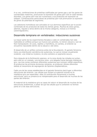A su vez, combinaciones de proteínas codificadas por genes gap y por los genes de
coordenadas maternos, promueven la expresión de genes pair-rule en siete bandas
discretas. Los genes pair-rule son numerosos y sus productos de expresión se
solapan. Combinaciones particulares de proteínas pair-rule promueven la expresión
de genes de polaridad de segmento.
Los selectores homeóticos son activados en sus dominios específicos por la acción
combinada de los productos de todos los demás genes. Muchos de estos genes,
además, regulan a otros dentro de la misma categoría, incluso a sí mismos
(autorregulación).
Desarrollo temprano en vertebrados: inducciones sucesivas
La mayor parte de los experimentos llevados a cabo en vertebrados han sido
realizados en anfibios porque sus huevos son grandes, no tienen cáscara y son de
fácil manipulación. En aves, reptiles y mamíferos, en cambio, el embrión se
encuentra inaccesible dentro de la cáscara o del útero.
El desarrollo de un anfibio comienza antes de la fecundación. El gameto femenino
tiene una distribución asimétrica de sustancias, la cual es incluso visualmente
evidente: una mitad es incolora y la otra contiene un pigmento oscuro.
Poco después de la fertilización aparece, en la zona donde las mitades se juntan,
pero sólo en un costado, una tercera zona: una delgada franja llamada medialuna
gris. Las tres zonas contienen diferentes sustancias que incluyen mRNA específicos.
Al producirse las primeras divisiones celulares, se producen células diferentes
debido al mecanismo de segregación de factores citoplasmáticos.
Cada una de las zonas establecidas en el gameto femenino dará lugar a diferentes
estructuras del embrión. Las células que reciben el material incluido en la
medialuna gris son especiales: ellas no contribuirán físicamente a muchas
estructuras, pero su presencia es indispensable para el desarrollo de muchas de las
partes del embrión.
El material de la medialuna gris es capaz de inducir el desarrollo de muchas de las
estructuras anatómicas, a pesar de que las células que lo contienen no forman
parte en sí de esas estructuras.
 