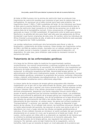 Una prueba, usando RFLPs para detectar la presencia del alelo de la anemia falciforme.
Al tratar el DNA humano con la enzima de restricción HpaI se producen tres
fragmentos de restricción posibles que contienen el gen para la cadena beta de la
hemoglobina. En personas con el alelo normal (gris) para esta proteína, los
fragmentos tienen 7.000 o 7.600 nucleótidos de largo. En los individuos que llevan
el alelo para la anemia falciforme, falta una secuencia de reconocimiento para la
enzima de restricción HpaI (presente en el DNA de las personas con el alelo de la
cadena beta de la hemoglobina normal). Como consecuencia, el fragmento
generado es mayor (13.000 nucleótidos). El ligamiento entre el alelo para anemia
falciforme y la pérdida del sitio para HpaI vale sólo para las poblaciones de África
Occidental o que fueron originarias de esta zona. En cambio, entre los individuos de
África Oriental o provenientes de ella, el alelo de la anemia falciforme está asociado
con el fragmento de 7.600 nucleótidos.
Las sondas radiactivas constituyen otra herramienta para llevar a cabo la
localización y aislamiento de ácidos nucleicos. Estas sondas son fragmentos cortos
de DNA o de RNA de cadena simple, marcados con un isótopo radiactivo que se
unen al alelo normal o mutante y pueden ser usadas para la detección y el
diagnóstico. En este caso, para sintetizar cada sonda es necesario conocer la
secuencia del alelo.
Tratamiento de las enfermedades genéticas
A lo largo de los últimos siglos la medicina ha experimentado cambios
revolucionarios. Los nuevos conocimientos y prácticas surgidos de la introducción
de la microscopia, la anestesia, la vacunación, los antibióticos y los trasplantes son
testimonio de estas transformaciones. La medicina se prepara ahora para un giro
sustancial: la utilización terapéutica del DNA, denominada terapia génica. La
administración del DNA como medicamento puede, al menos teóricamente, corregir
enfermedades genéticas, enlentecer la progresión de tumores, enfrentar infecciones
virales y detener enfermedades neurodegenerativas. Es decir, puede dirigirse tanto
a enfermedades hereditarias como a afecciones adquiridas.
La mayor parte de los ensayos de terapia génica propuestos sólo intentan
suplementar con el gen útil un tipo seleccionado de células, para compensar la falta
o el defecto en ese gen o aportar una nueva característica. Muchas terapias contra
el cáncer intentan inducir a las células cancerosas a producir sustancias que las
eliminen directamente, despierten una fuerte respuesta inmune contra ellas o
anulen el aporte sanguíneo que los tumores necesitan para crecer. Los problemas
técnicos que enfrenta la aplicación de la terapia génica son importantes e impiden
que los resultados sean los deseados. Uno de los problemas es la baja eficiencia de
los métodos de administración del DNA a las células blanco. Los genes se proveen
básicamente de dos maneras; en ambos casos, los genes son primero puestos en
"transportadores" o vectores -por ejemplo, virus- capaces de depositar el gen
dentro de las células. En el método más común, los científicos remueven células de
un tejido seleccionado del paciente, las exponen al vector que porta el gen en el
laboratorio (ex vivo) y luego retornan las células corregidas genéticamente al
individuo. El otro método consiste en introducir el vector portador del gen corrector
directamente en el cuerpo (in vivo), por lo general en el tejido por tratar. En el
cuerpo, ciertos genes son útiles sólo si su expresión es regulada de tal manera que
se sintetice la cantidad apropiada de proteína en el momento adecuado. Para
muchas aplicaciones de la terapia génica, esa regulación tan precisa no es
necesaria. Por ejemplo, para corregir trastornos de la coagulación, como la
hemofilia, todo lo que se necesita es lograr un nivel adecuado de la proteína que
 