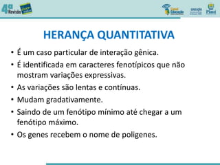 HERANÇA QUANTITATIVA
• É um caso particular de interação gênica.
• É identificada em caracteres fenotípicos que não
mostram variações expressivas.
• As variações são lentas e contínuas.
• Mudam gradativamente.
• Saindo de um fenótipo mínimo até chegar a um
fenótipo máximo.
• Os genes recebem o nome de poligenes.
 